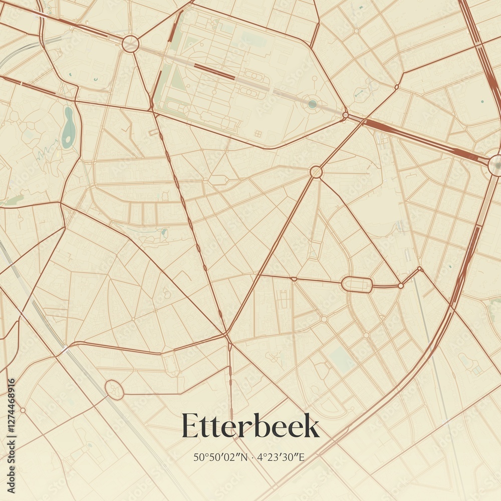Vintage map of Etterbeek, Belgium.