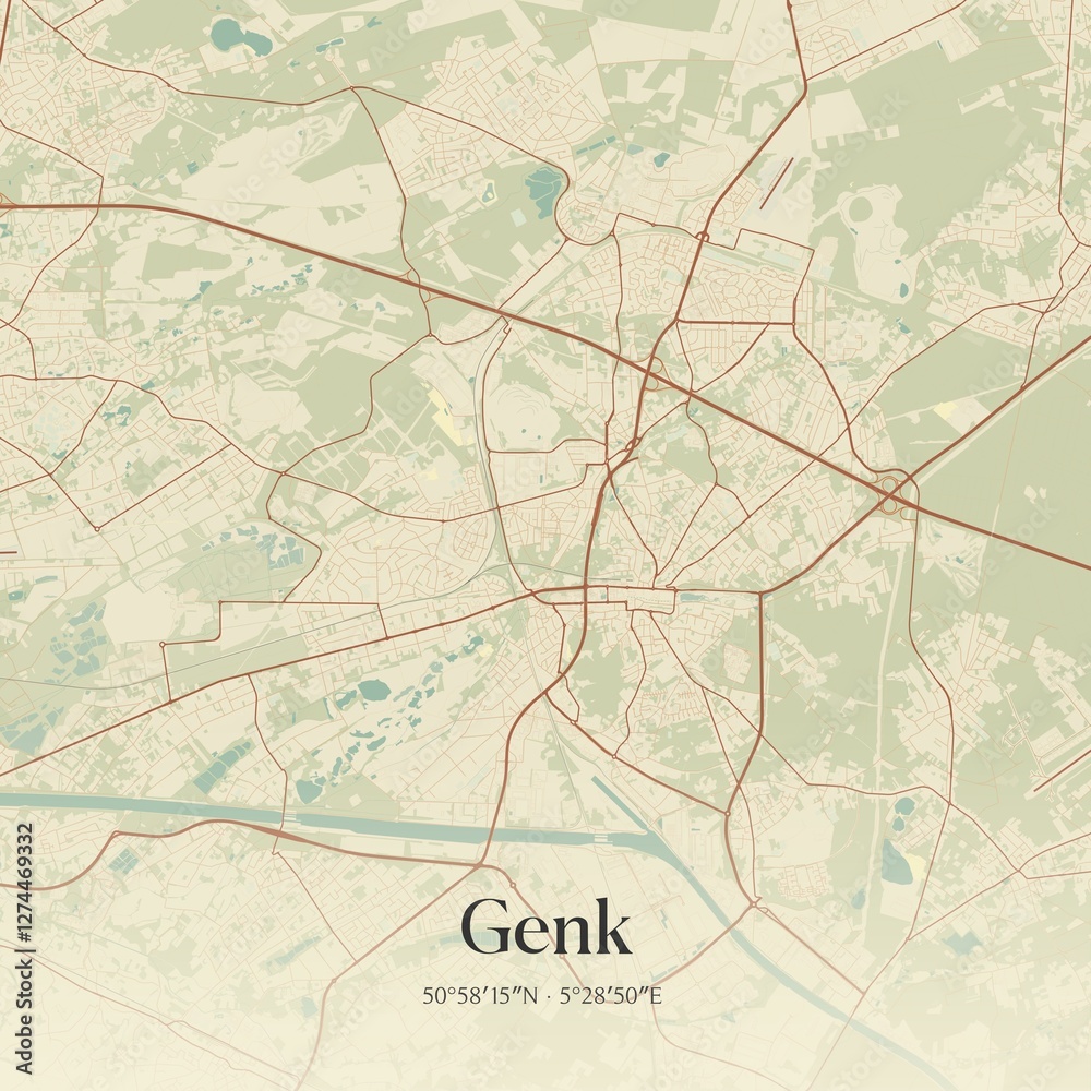Vintage map of Genk, Belgium.