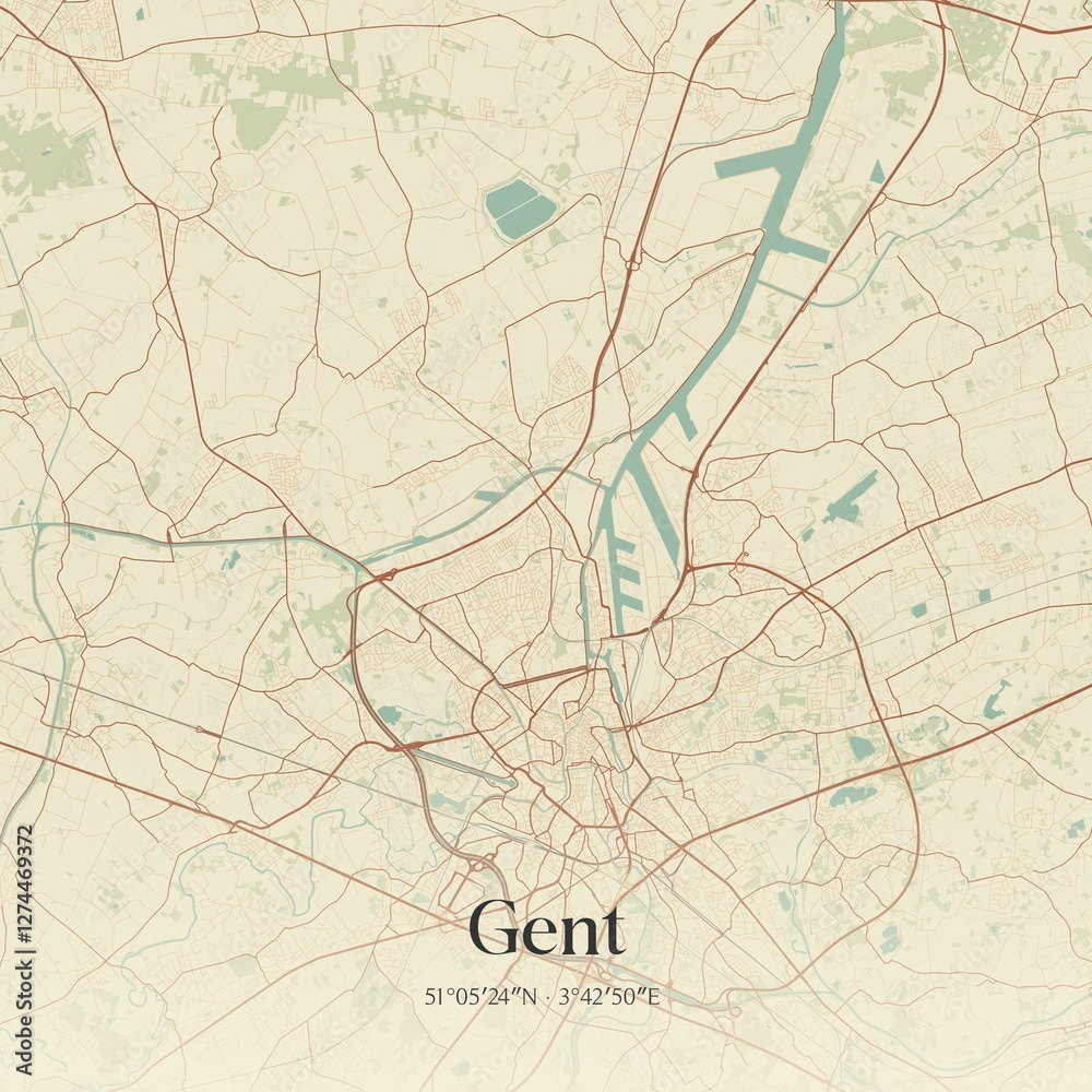 Vintage map of Gent, Belgium.