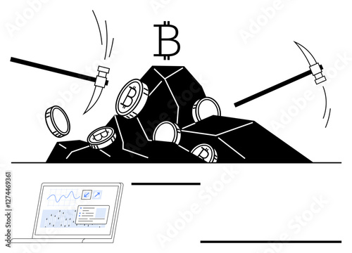 Mining tools extracting Bitcoin coins from rocks and a laptop displaying cryptocurrency analytics. Ideal for blockchain, cryptocurrency, mining, data processing, digital economy, investments