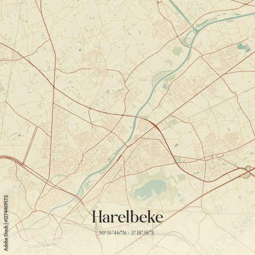Obraz na płótnie Vintage map of Harelbeke, Belgium. w salonie