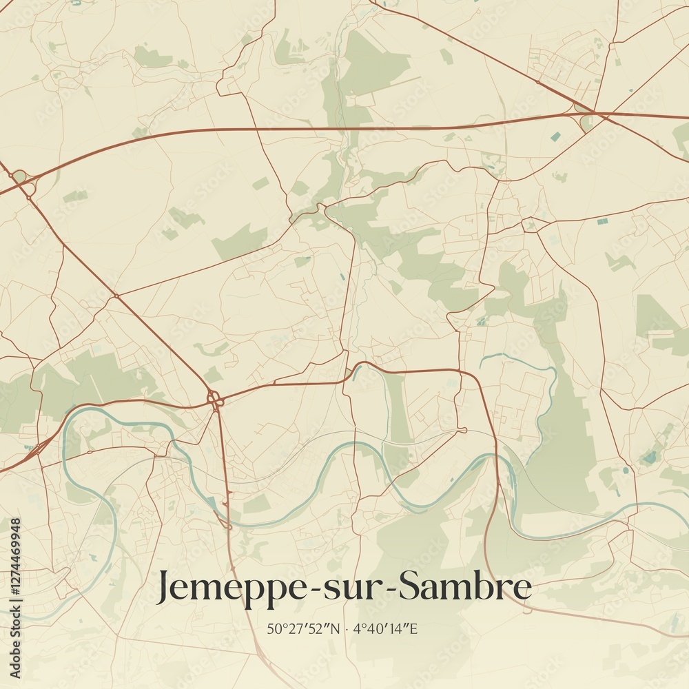 Fototapeta premium Vintage map of Jemeppe-sur-Sambre, Belgium.