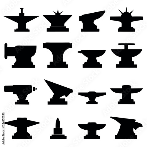 Collection of Black Silhouette Anvil Designs on a white background