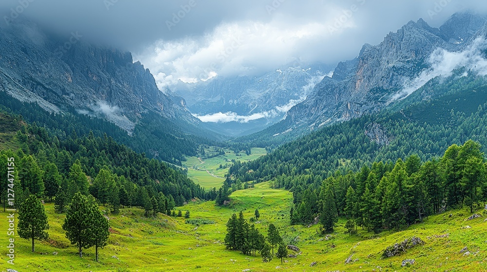 Fototapeta premium Majestic Mountain Valley Verdant Landscape Cloudscape