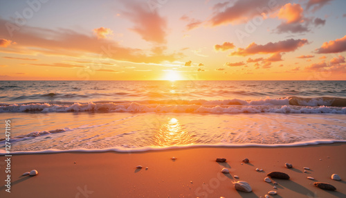 Golden sunrise reflecting on calm ocean waves at empty beach, tranquility