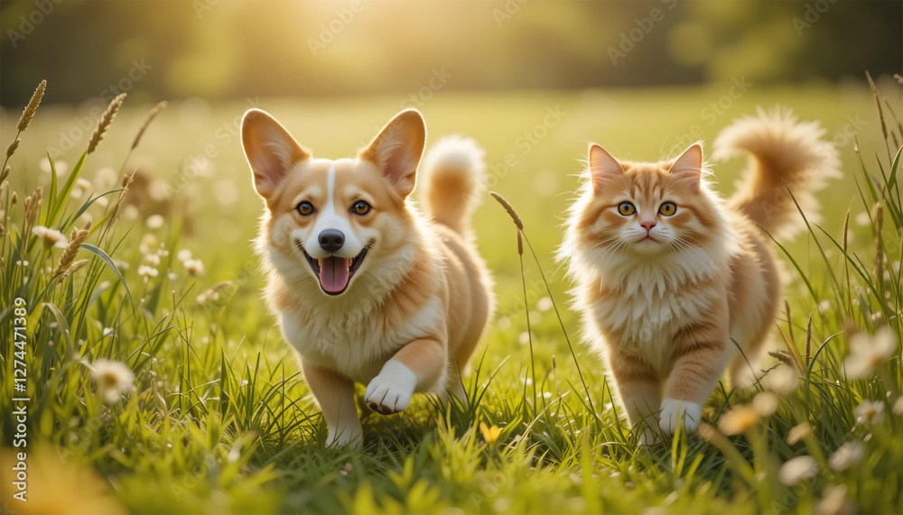 Corgi Dog and Fluffy Cat Running Through Field of Flowers Corgi Dog and Fluffy Cat Running Through Field of Flowers