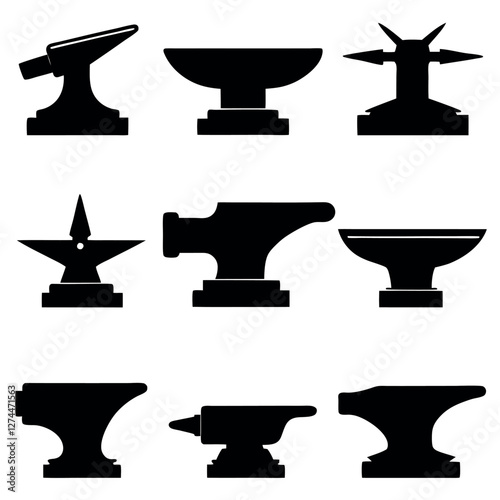 Collection of Black Silhouette Anvil Designs on a white background