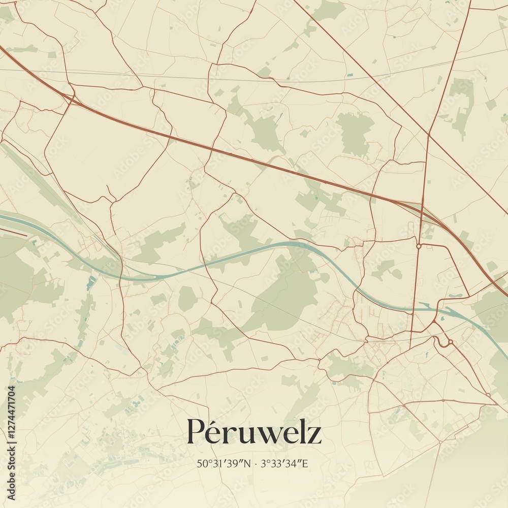 Fototapeta premium Vintage map of P�ruwelz, Belgium.