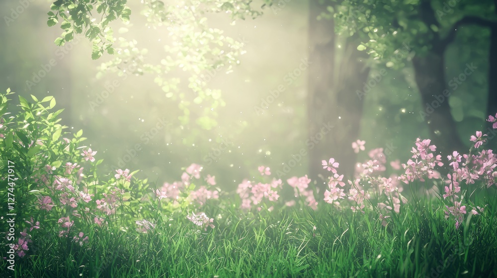 Obraz premium Dreamy Early Morning Scene with Flowers and Soft Light in Nature