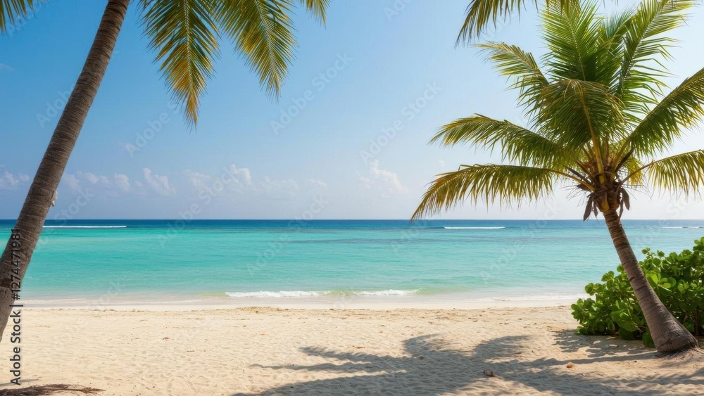 A tranquil tropical beach scene with clear blue water and palm trees. A tranquil tropical beach scene with clear blue water and palm trees.