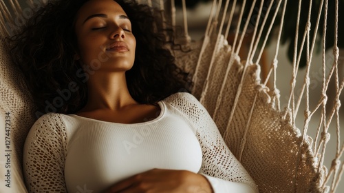 Relaxing pregnancy journey woman in hammock home lifestyle calm environment embracing health and exercise