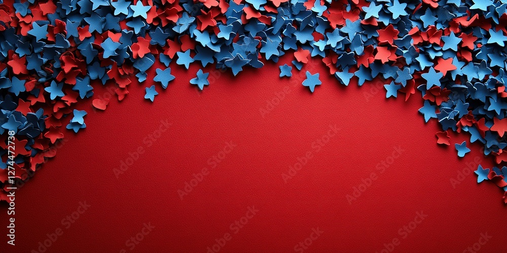 Obraz premium Colorful star-shaped decorations in red and blue create a festive background for celebrations