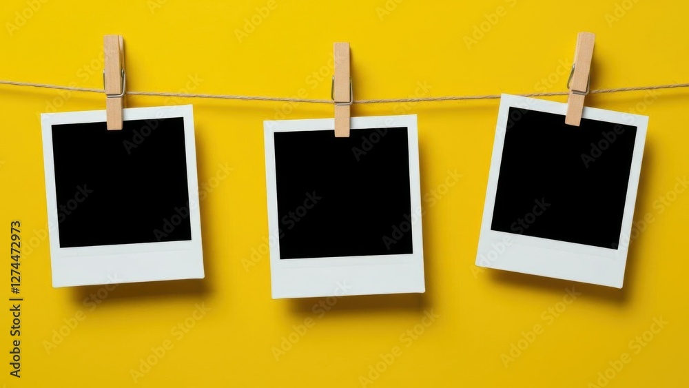 Three empty photo frames hanging on a yellow background for creativity. Three empty photo frames hanging on a yellow background for creativity.
