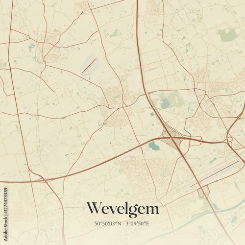 Vintage map of Wevelgem, Belgium.