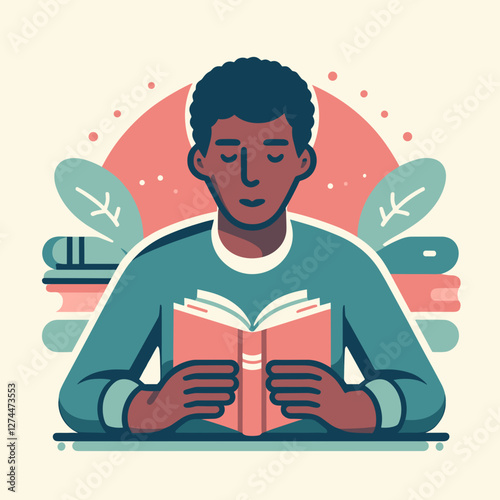 Vector illustration of a young man reading a book thoughtfully in a cozy educational atmosphere for learning and inspiration concept