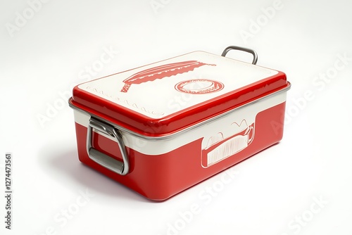 Classic red and white metal lunch box with retro graphics and a sturdy handle, white background.