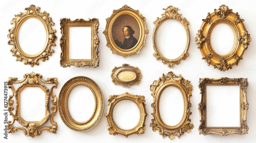 Elegant collection of ornate gold frames, each with unique details, displayed on a clean white background Elegant collection of ornate gold frames, each with unique details, displayed on a clean white background