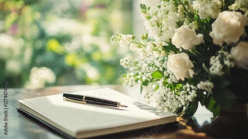 Elegant Floral Arrangement with Notepad and Pen in Bright Natural Light Setting
