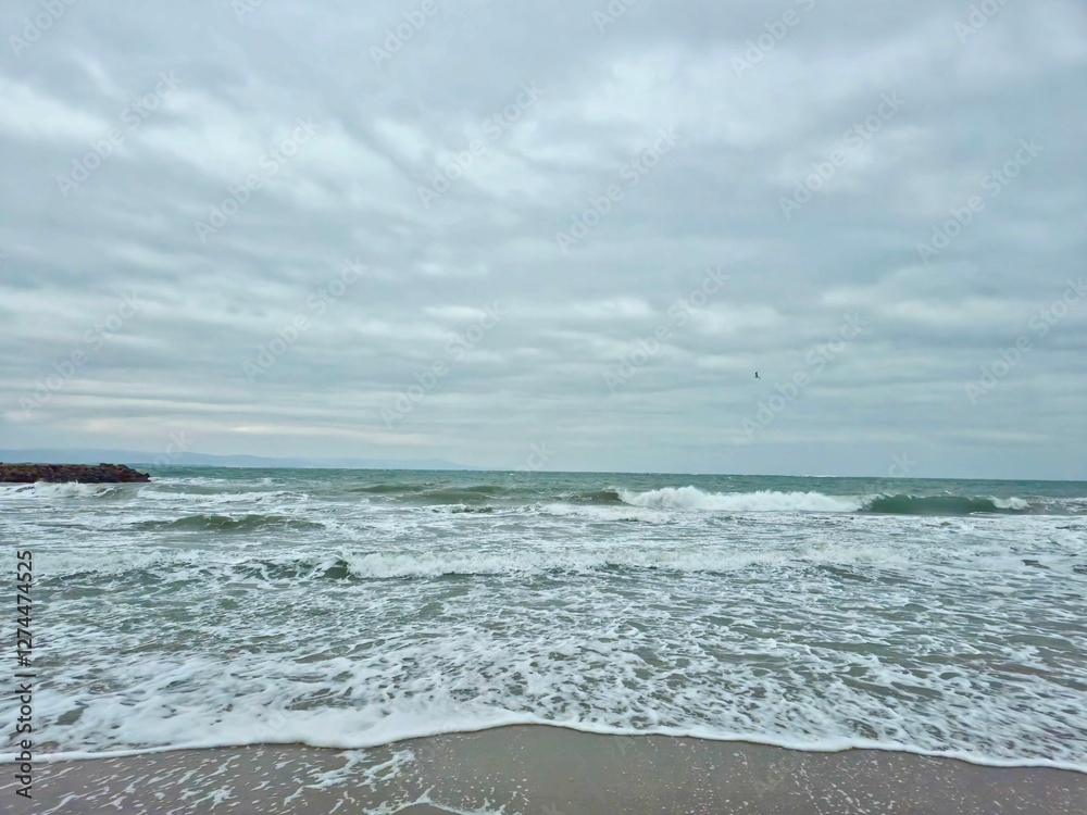 Waves reaching the shore on a stormy day, leaving behind foam Waves reaching the shore on a stormy day, leaving behind foam