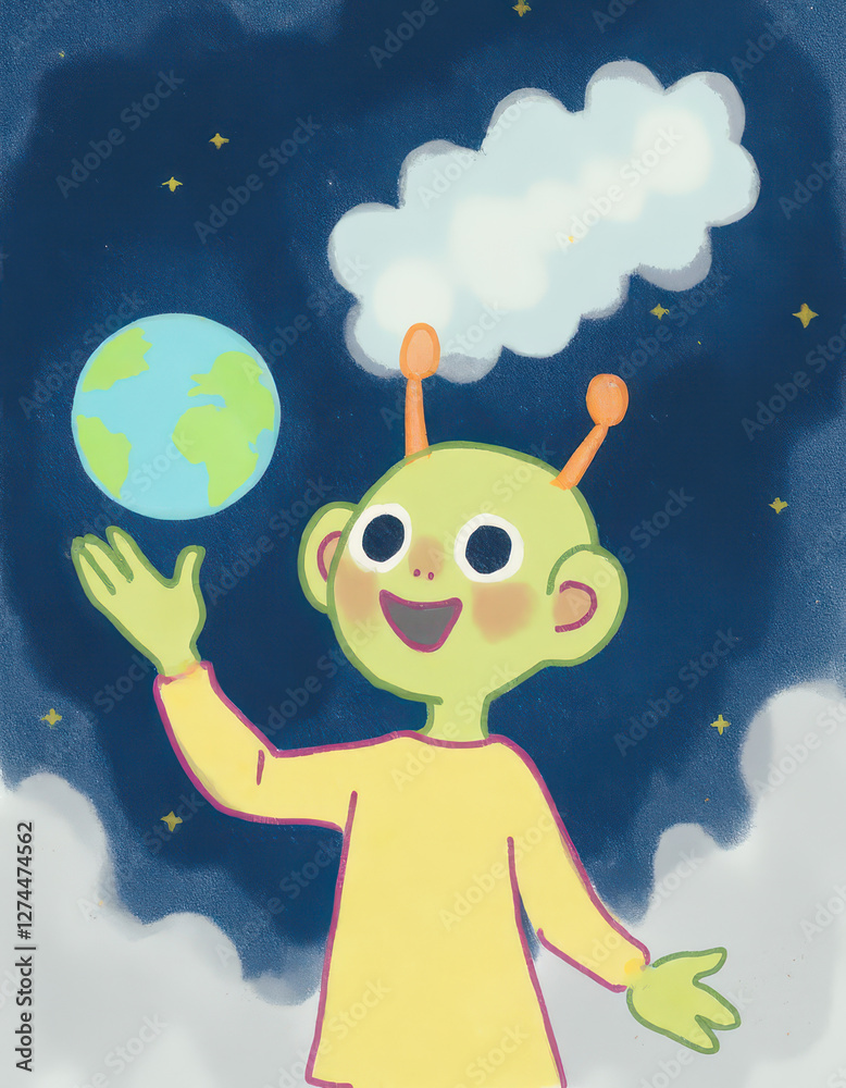 Naklejka premium Cheerful Alien in Space