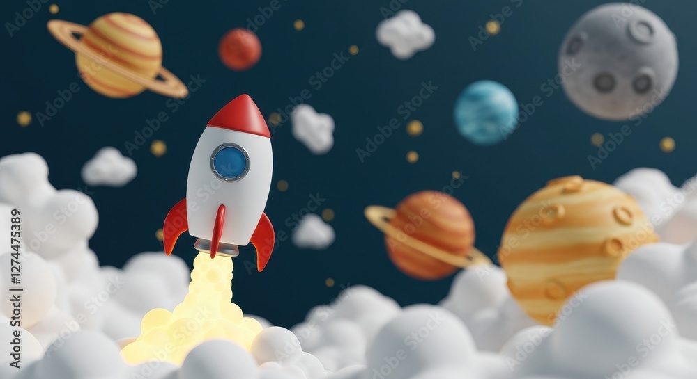 Naklejka premium A 3D rendered illustration of a toy rocket launching into a sky filled with fluffy white clouds and vibrant planets
