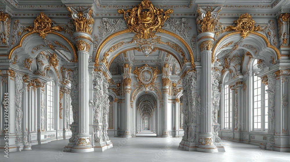 Fototapeta premium Opulent palace hall, white ornate columns, gold accents.