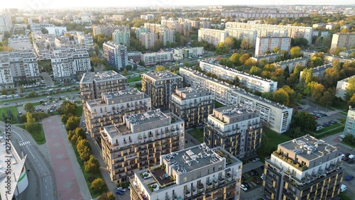 Drone view of city housing and modern residential buildings