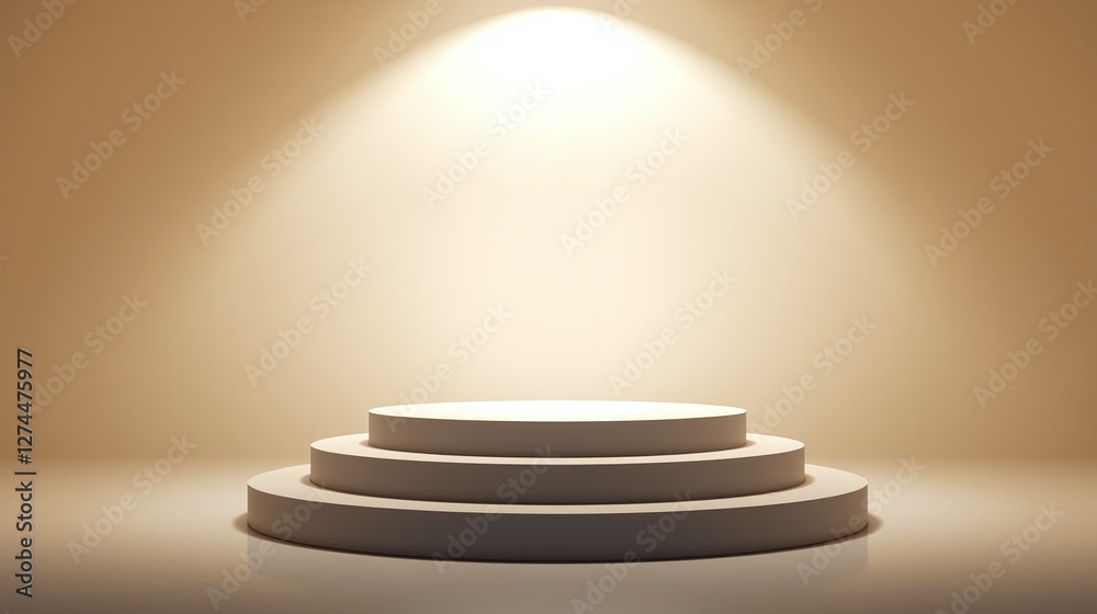 Obraz premium Three circular platforms in neutral tones under focused illumination.