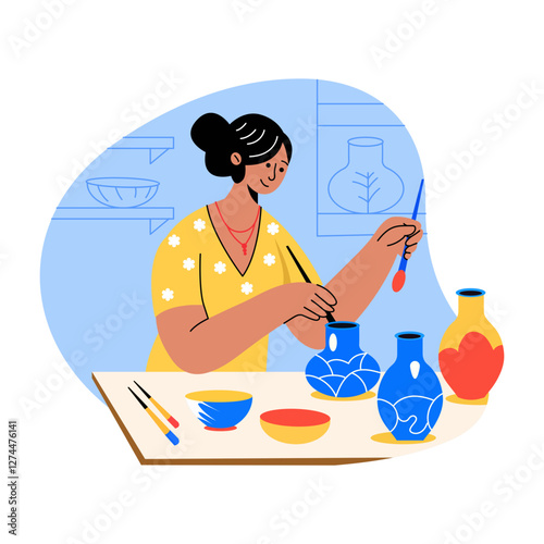 Ceramic painter woman illustration in flat style