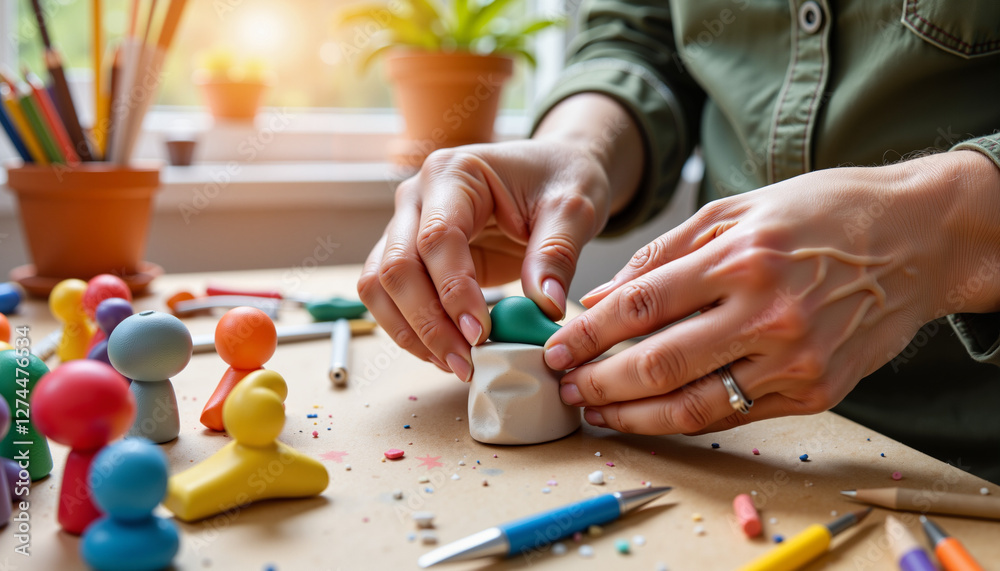 Focused hands sculpting colorful clay figures in art studio, creative expression Focused hands sculpting colorful clay figures in art studio, creative expression
