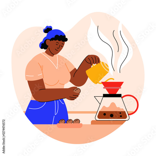 A woman making coffee, flat style illustration