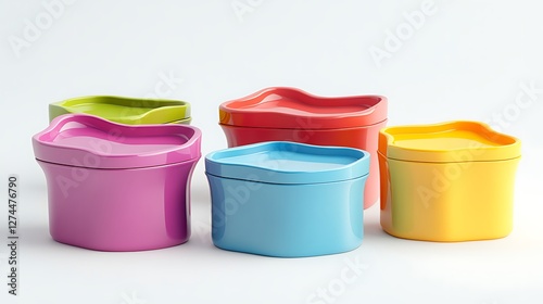 Colorful and uniquely shaped food storage containers, 3D rendered, isolated on white background, realistic photo,