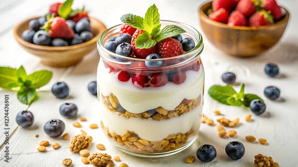 Delicious Yogurt Parfait with Fresh Berries and Granola – Healthy Breakfast Idea on a Minimalist White Background Delicious Yogurt Parfait with Fresh Berries and Granola – Healthy Breakfast Idea on a Minimalist White Background