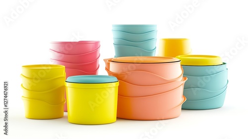 Colorful and uniquely shaped food storage containers, 3D rendered, isolated on white background, realistic photo,