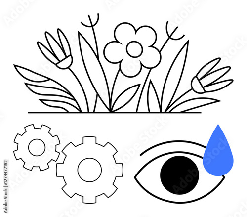 Flowers and leaves above two gears, an eye, and a blue teardrop. Ideal for environment, technology, harmony, innovation, growth duality balance themes. Line metaphor