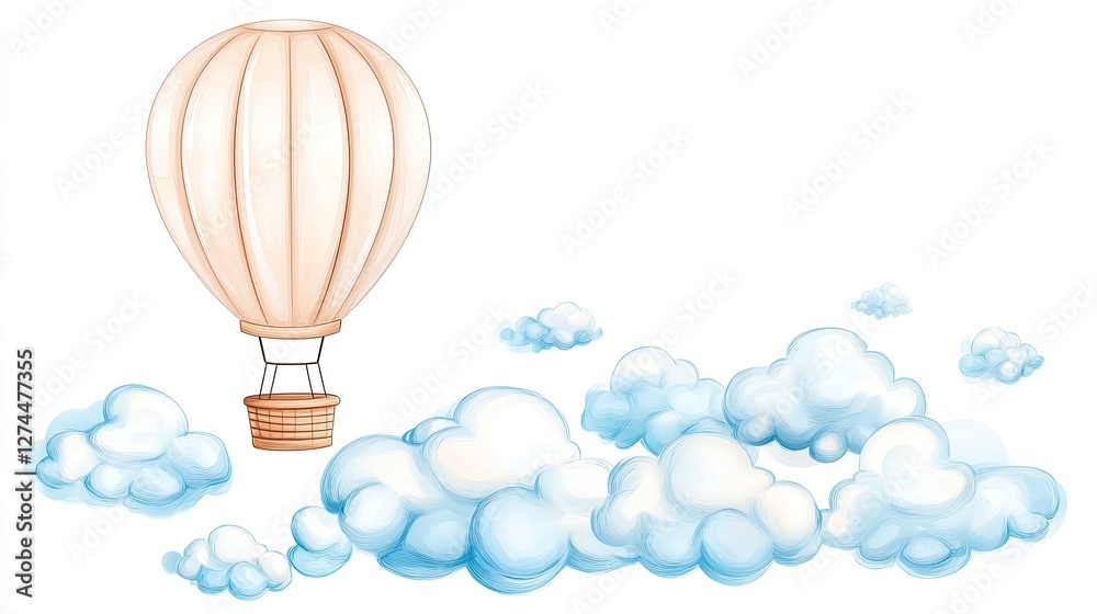 Hot air balloon is floating above a cloudy sky. The balloon is white and has a basket attached to it. The sky is filled with fluffy white clouds, creating a serene and peaceful atmosphere Hot air balloon is floating above a cloudy sky. The balloon is white and has a basket attached to it. The sky is filled with fluffy white clouds, creating a serene and peaceful atmosphere