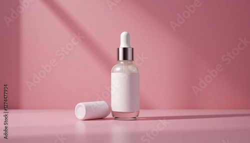 Minimalist Skincare Dropper Bottle on Pink Surface with White Label and Silver Cap