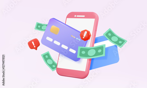 Exclamation error Online payments credit card via app mobile phone alert pay withdraw failed money wallet Internet banking Attention warning exchange transfer concept. 3d vector illustration