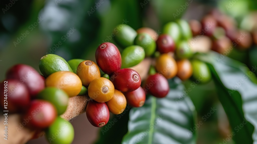 Obraz premium A bunch of green and red fruit hanging from a tree. The fruit is ripe and ready to be picked
