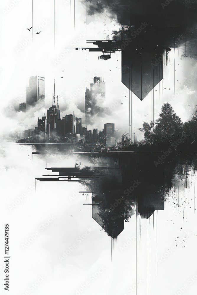 Obraz premium Ethereal cityscape, mirrored reflection, urban dreamscape