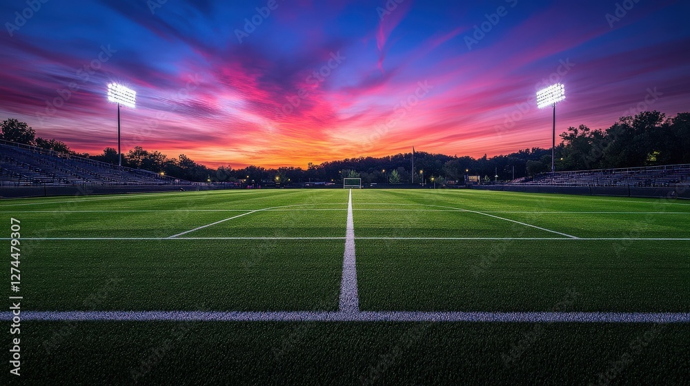 Fototapeta premium A night stadium scene with vibrant lights illuminating the stands and field, creating a brilliant contrast with the dark, expansive sky.