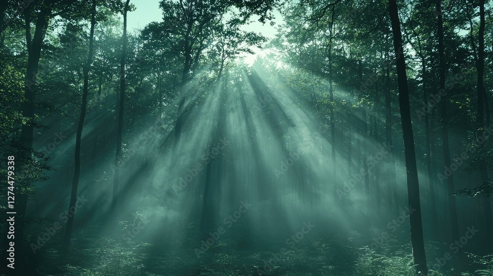 Obraz premium Sunbeams pierce a misty green forest scene