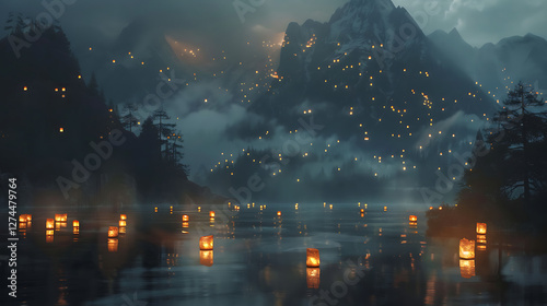 Ethereal mountain range illuminated by floating lanterns