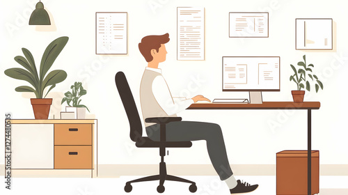 Bright and organized office space with a worker sitting on an ergonomic chair practicing good posture