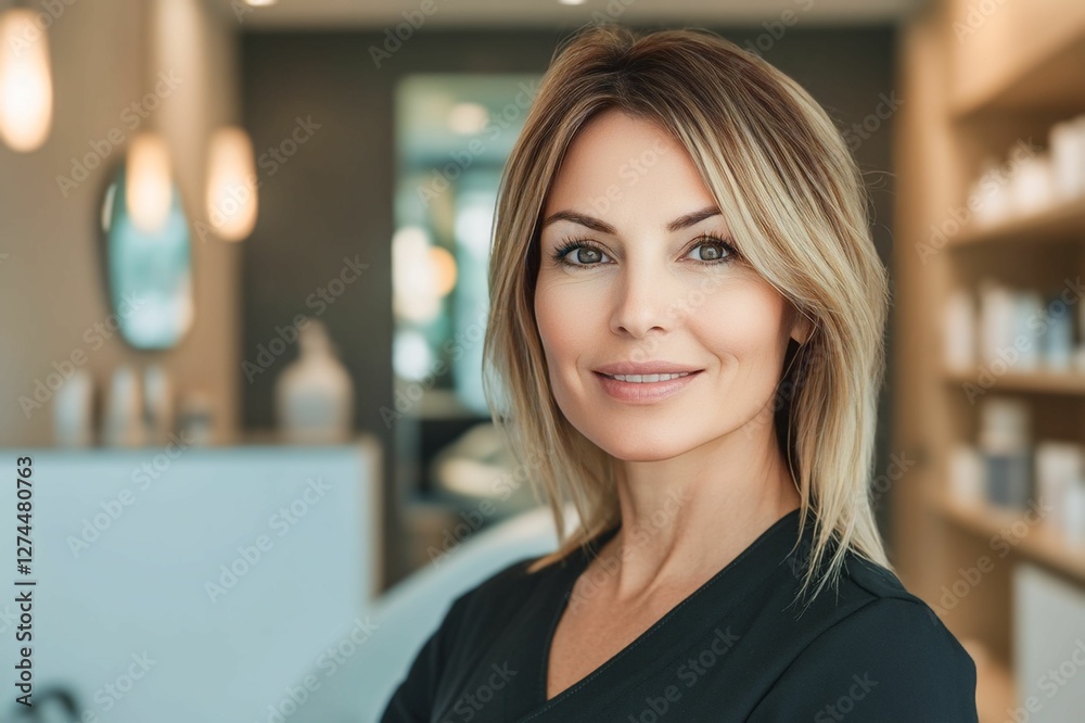 Obraz premium Portrait of a smiling woman in a modern aesthetic salon. Concept of a professional skincare specialist. Soft-focus background creates a cozy atmosphere. AI-generated.