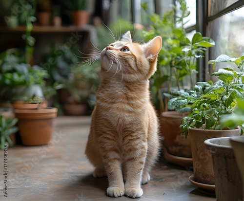 A cute tabby kitten with red fur looks from the garden window photo