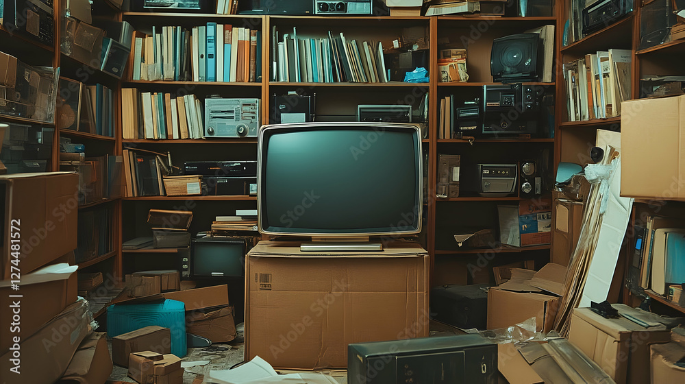 Boxed Smart TV rests in a cluttered storage room filled with packed items like books and old gadgets, creating a nostalgic atmosphere