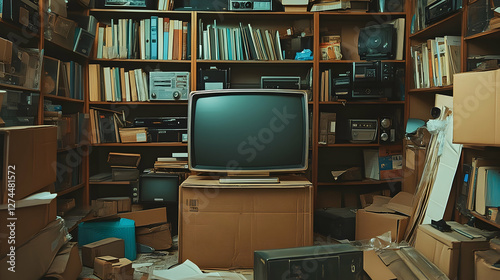Boxed Smart TV rests in a cluttered storage room filled with packed items like books and old gadgets, creating a nostalgic atmosphere