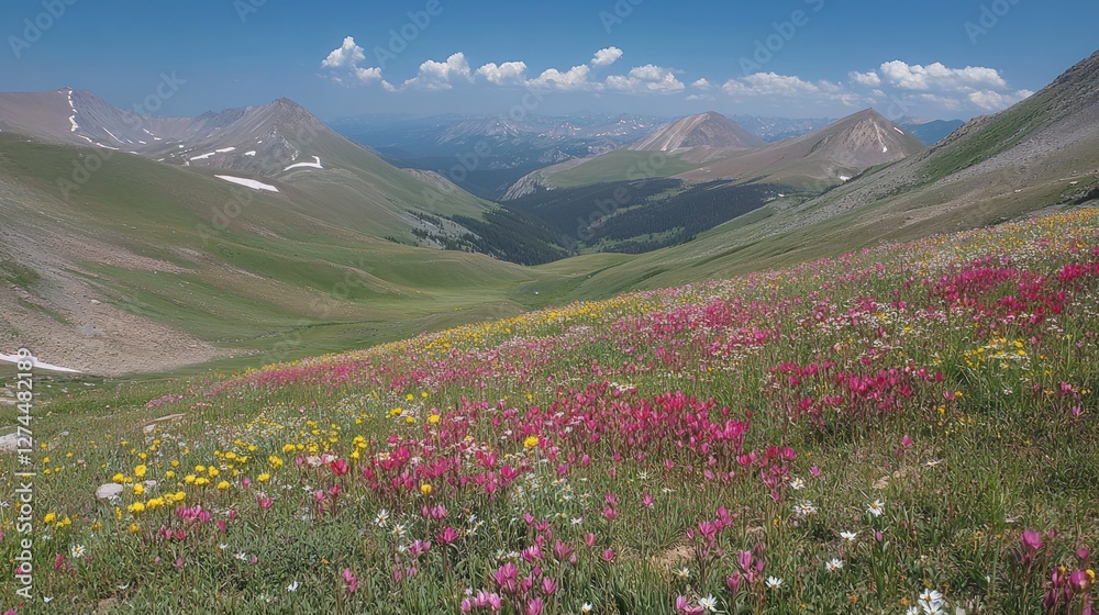 Fototapeta premium Mountain Wildflower Meadow Amidst Majestic Peaks
