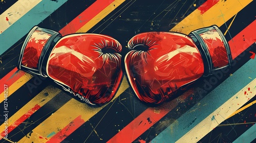 Two vibrant red boxing gloves are depicted against a colorful, striped background, symbolizing competition and sport.